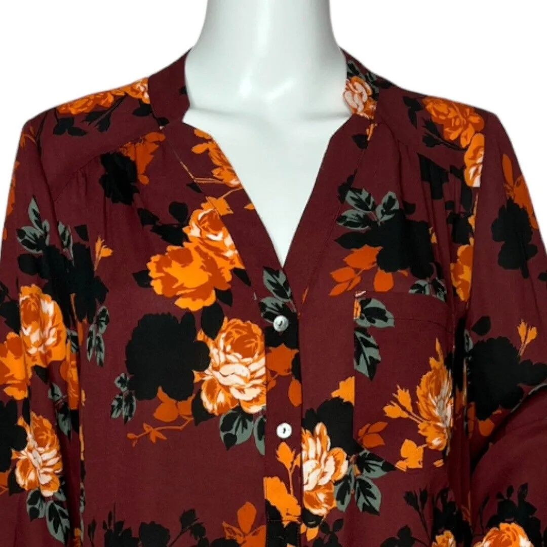 ModCloth Popover Blouse Red Orange‎ Floral Long Sleeve Half Button - Image 4
