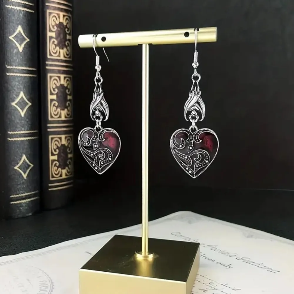 ♥️ Bats + Hearts filigree scroll style silver drop earrings gift goth valentines Red - Image 2