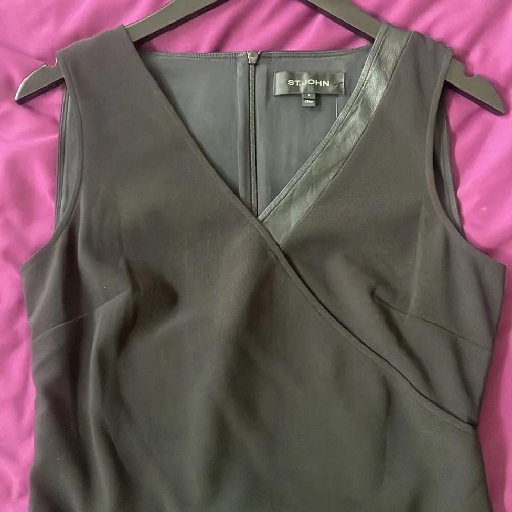 ST. JOHN $1250 Stretch Crepe Wrap Dress with Lamb Leather Trim Black Size 2 - Image 5