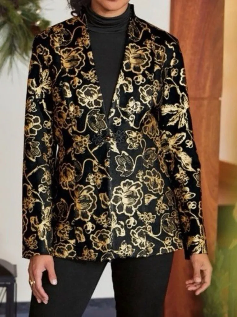 Soft Surroundings Black Gold Jacquard Blazer Jacket Sz M Floral Boho Art Party - Image 1