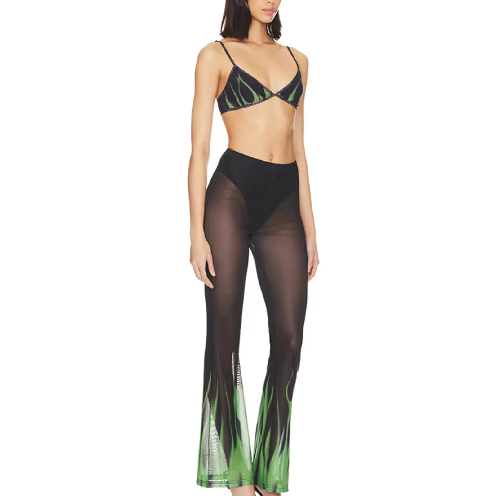 Superdown Black Sheer Flare Pant Set LARGE Crop Top Wicked Cochella Festival NEW - Image 2