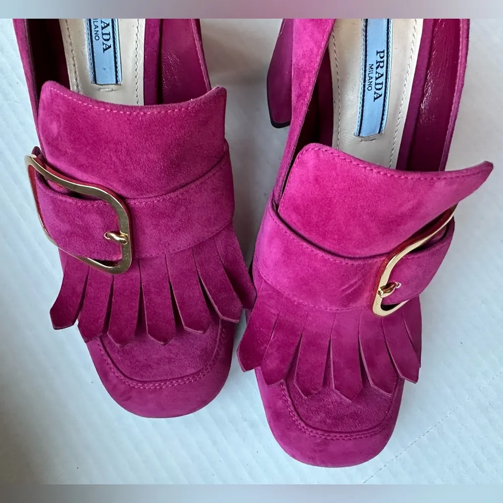 Prada Block Heel Suede Loafers w/ Buckle Pink Size 8/38 NEW - Image 6