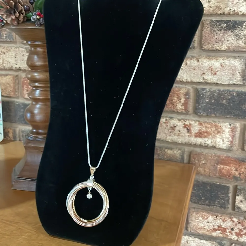 J Lo Silver tone Necklace with multi loop Circular Pendant and rhinestone accent - Image 4
