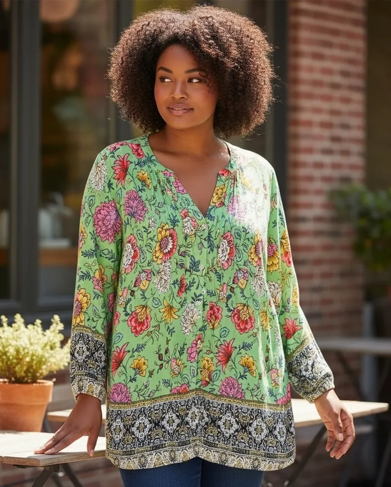 FIGUEROA & Flower Floral bohemian pleated blouse size XL. Green with pink white - Image 2