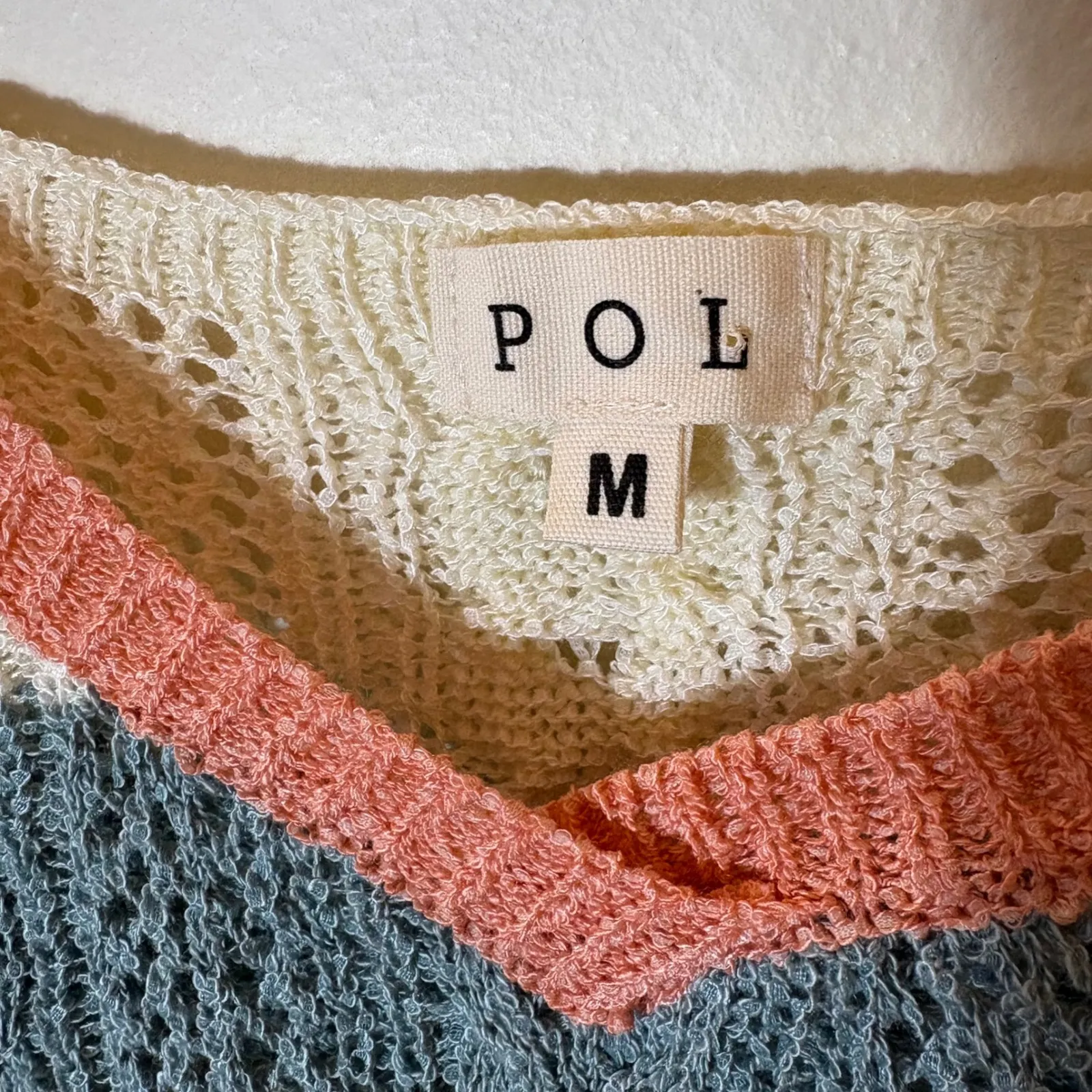 POL Striped Knit V-Neck Tank Top Medium Coral Blue Green Cream Crochet - Image 4