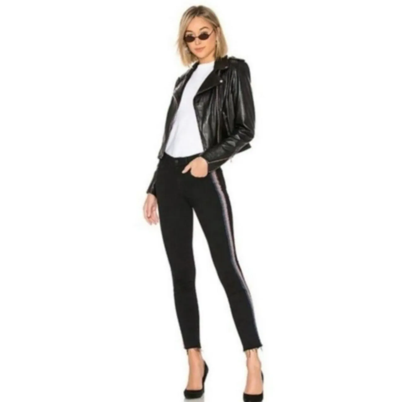 MOTHER High Waisted Looker Ankle‎ Fray in Guilty Glitter Racer Stripe Size 29 Black - Image 4