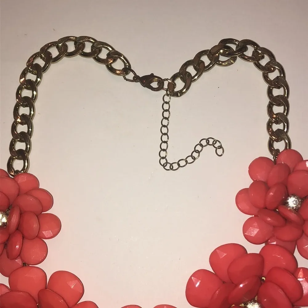 Huge Melon Pink Color Flower Silver Tone Boho Statement Necklace - Image 4