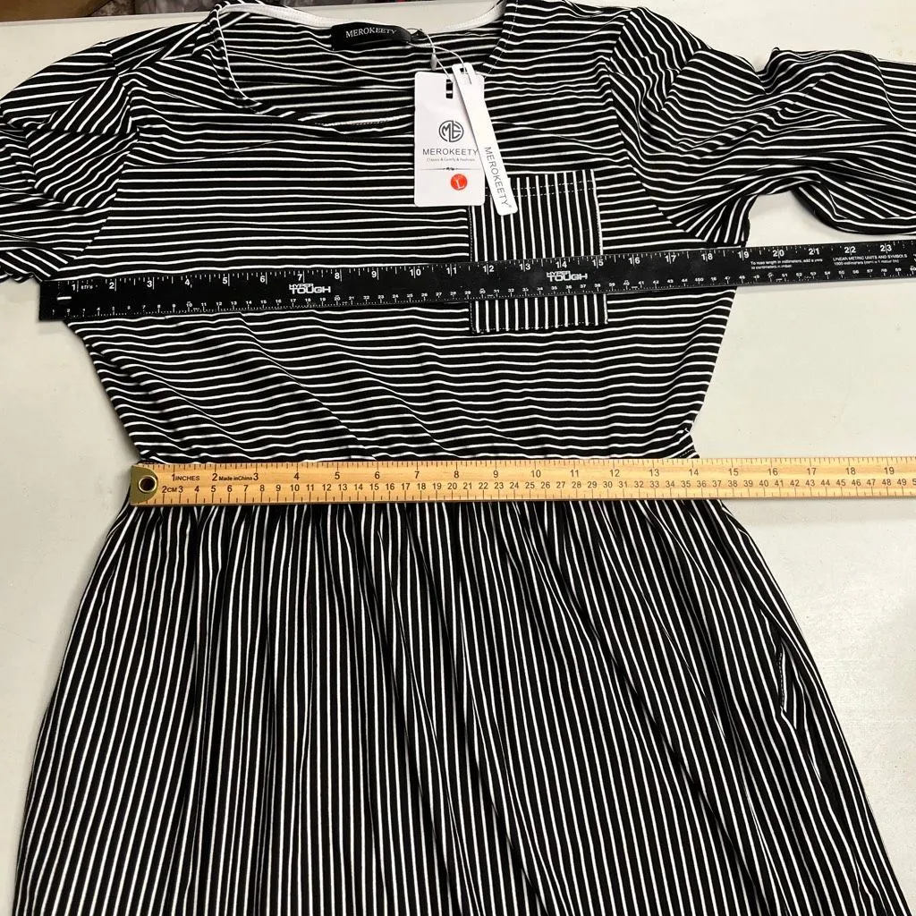 MEROKEETY 3/4 Sleeve Striped TShirt  Dress With Pockets Large Black White NEW - Image 7