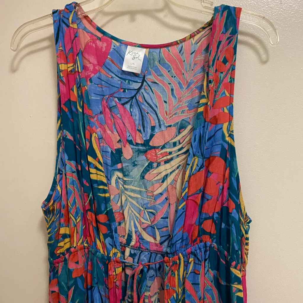 Kona Sol Womens Duster Swim Cover Up Dress L XL Tropical Floral Print Beach - Image 2