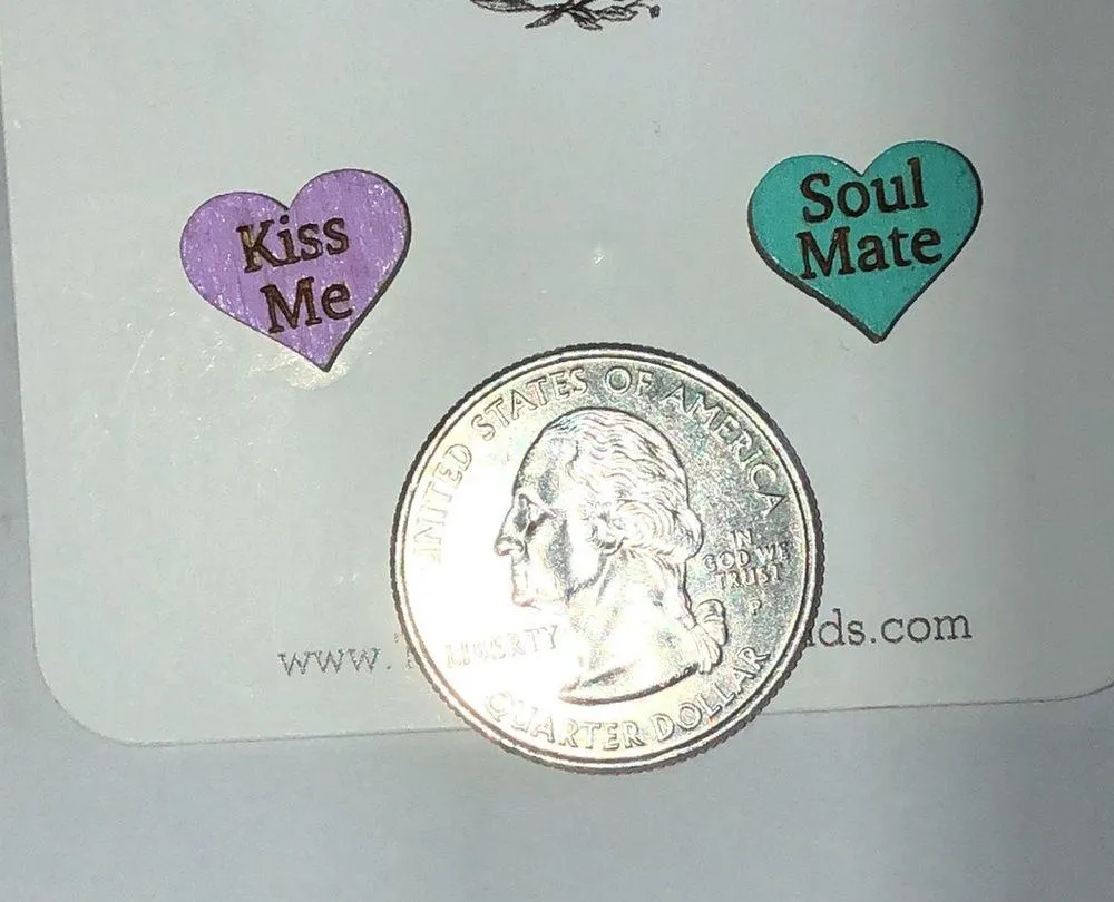 Kiss Me Soul Mate Valentines Heart Wooden Hand Painted Boho Earrings Green - Image 3