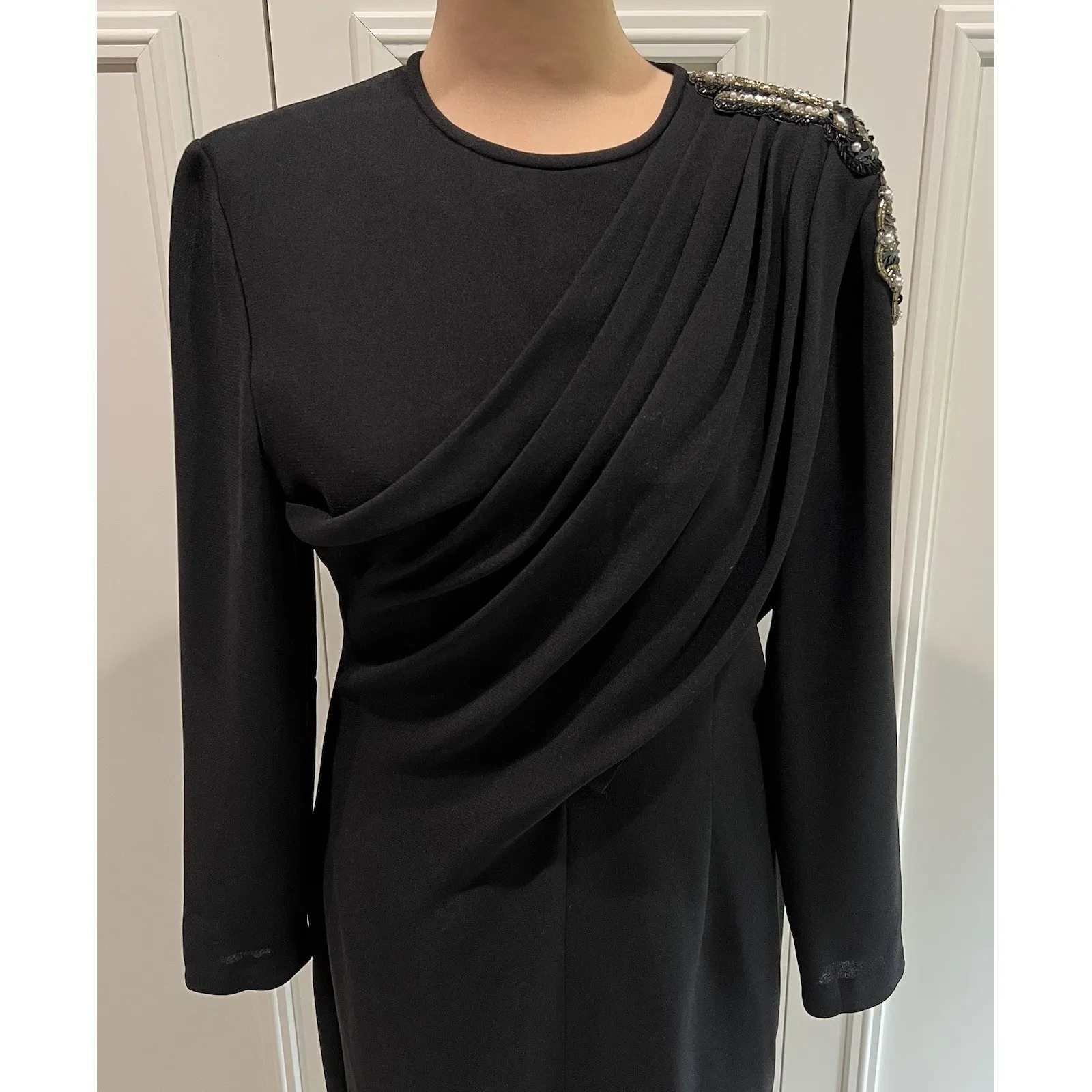 Vtg A J Bari Black Sheath Dress Size 12 Beaded Tassel Shoulder‎ 80's Old Money - Image 2