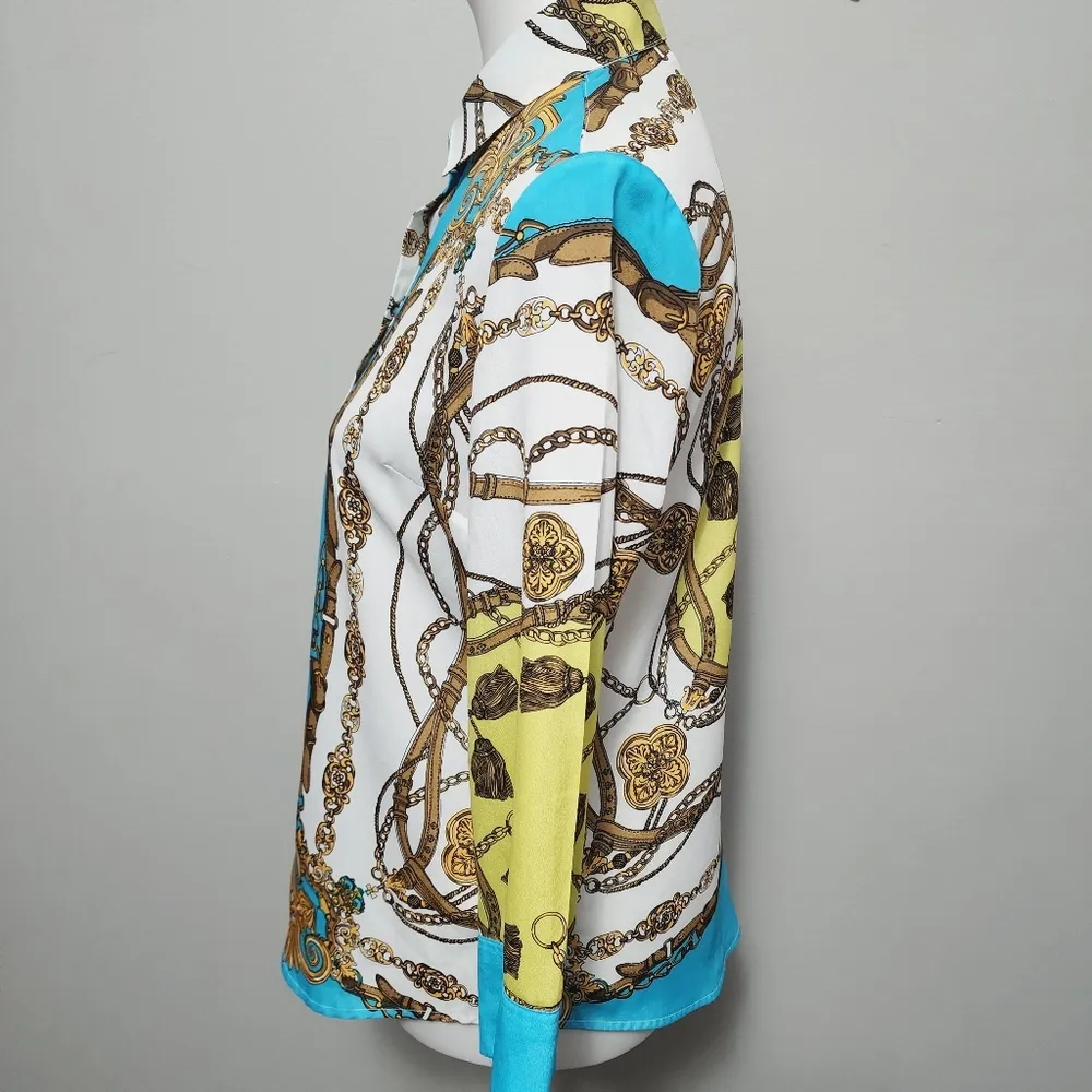 NY&CO Turquoise Baroque ¾ Sleeve Button Down Size Small - Image 3