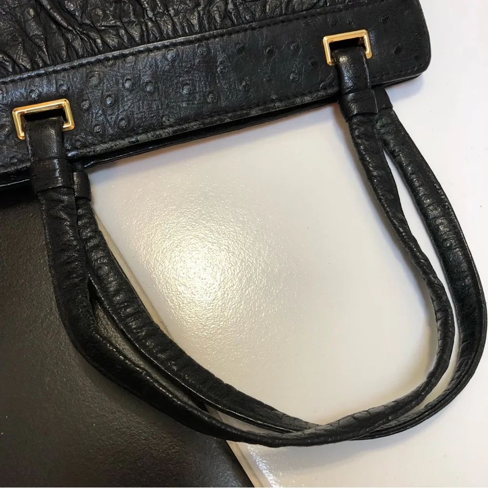 Vintage 60s Ostrich Leather Top Handle Bag Parisian Medicine Bag Purse Black - Image 4