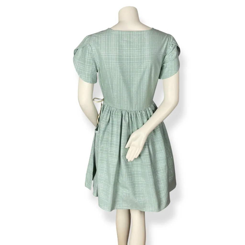Handmade Wrap Dress Green Metallic Tulip Sleeves Twee Pockets Gathered Skirt - Image 2