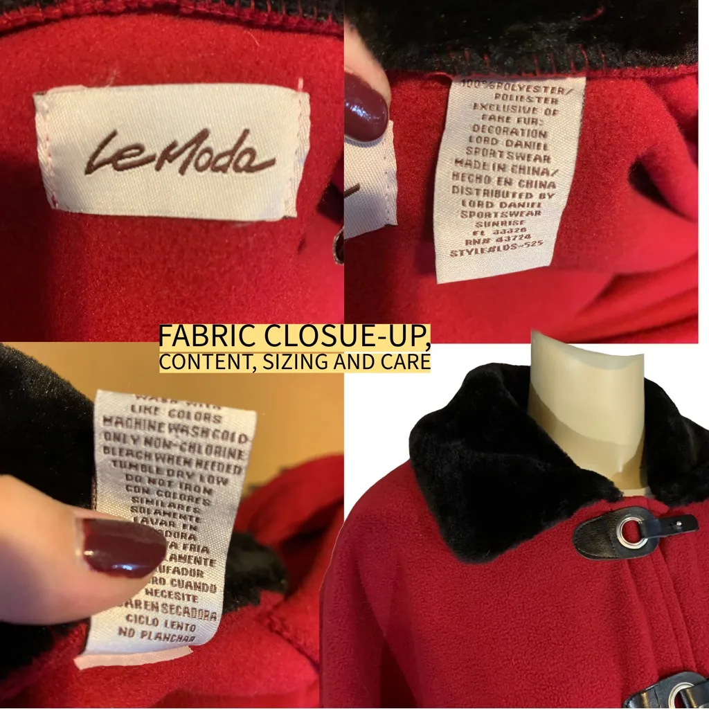 LE MODA RED FLEECE W/BLACK FAUX FUR COLLAR PONCHO (OSFM) Black Size undefined - Image 11