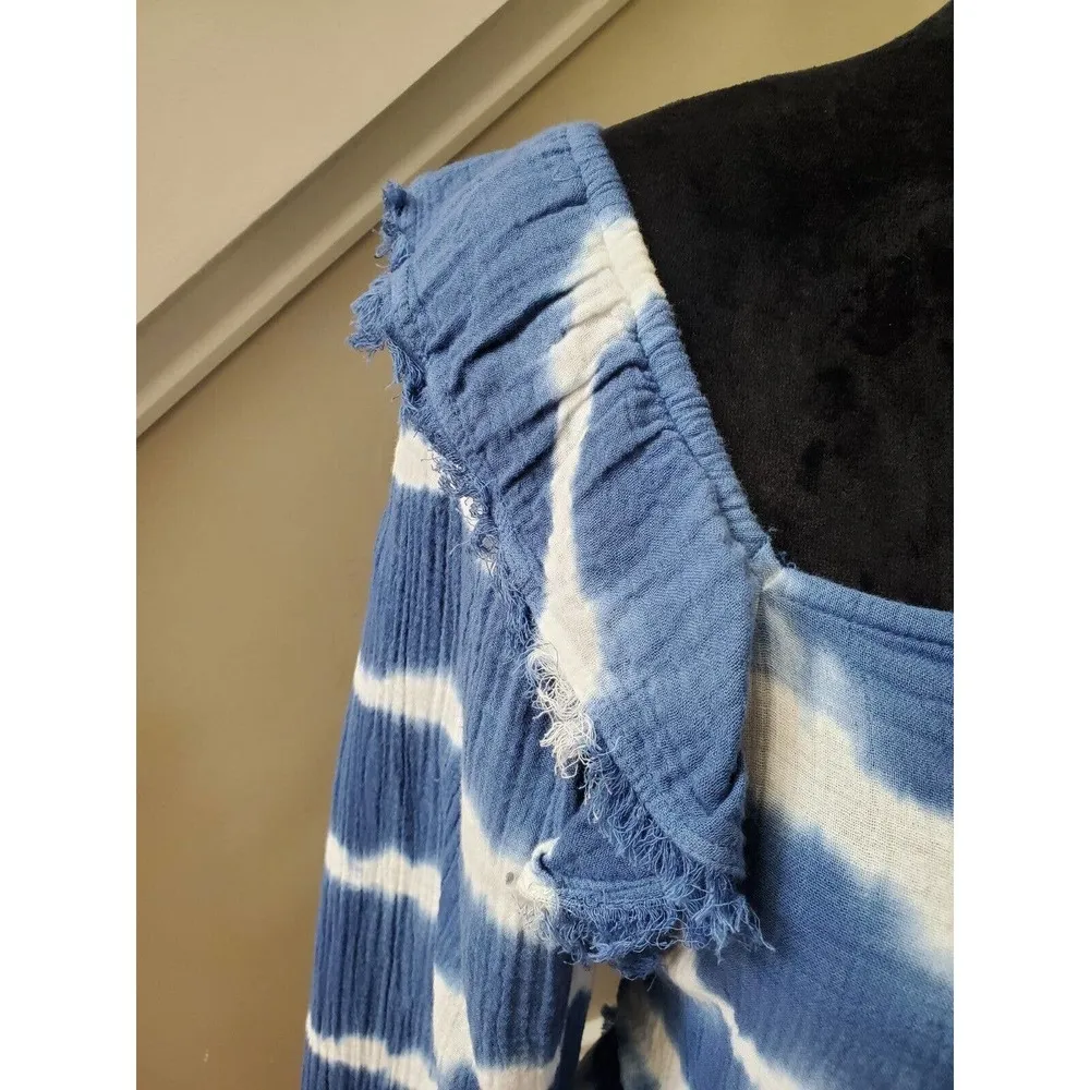 True Craft Women Blue & White Cotton Square Neck Long Sleeve Top Blouse Size XS - Image 4