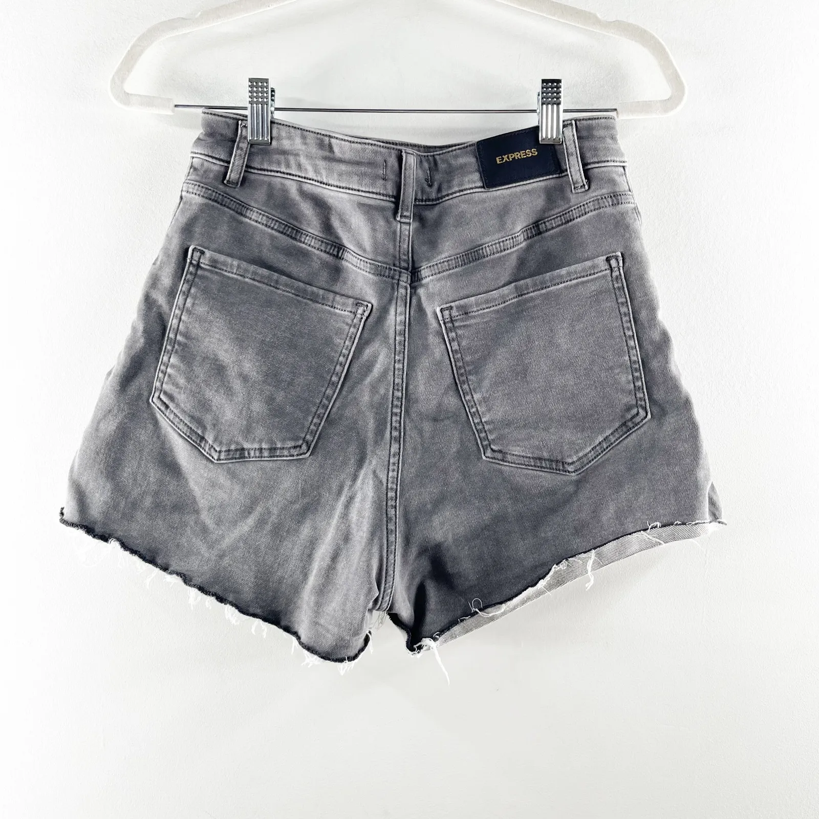 Express Super High Waisted Denim Raw Hem Curvy Jean Mom Shorts Faded Black 6 - Image 4