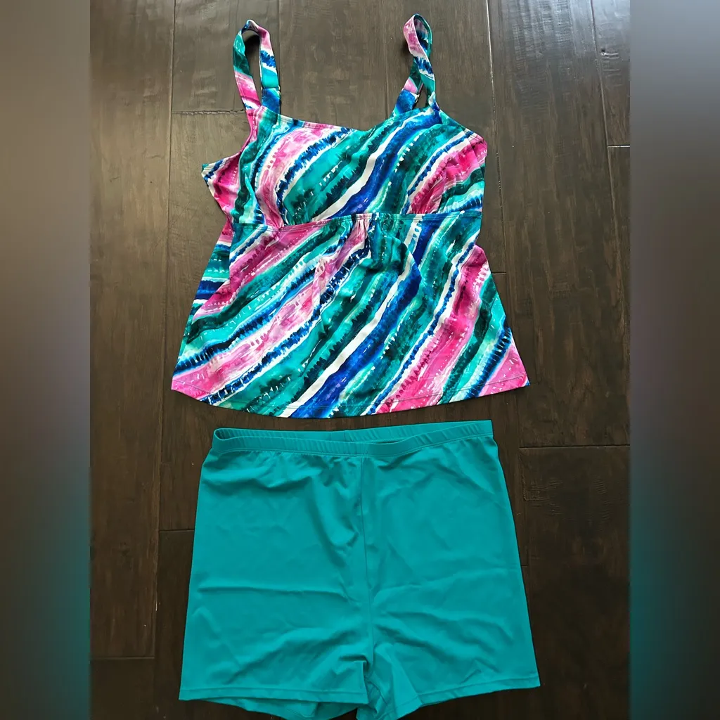 Kim gravel scoop neck Tankini bike shorts Swimsuits For All plus Size 16 NWT Blue - Image 3