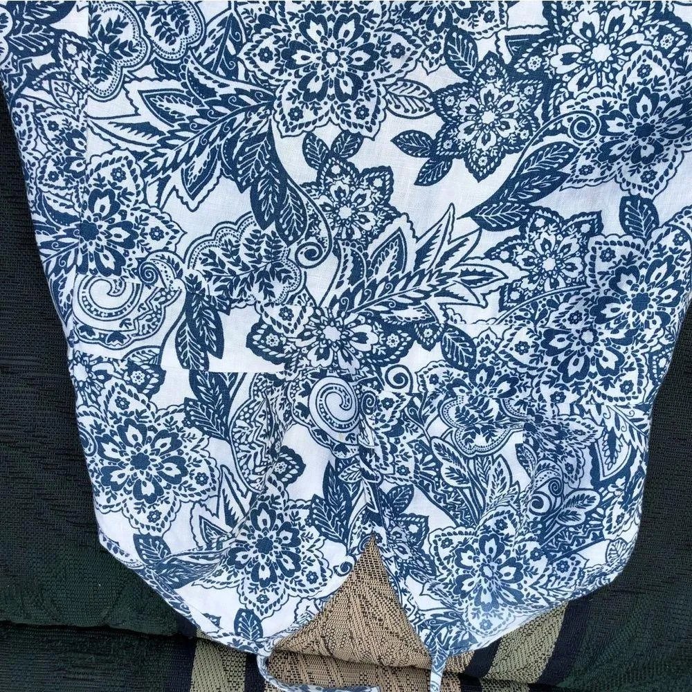 Floral Print Linen Blue/White Tie Back top M - Image 2