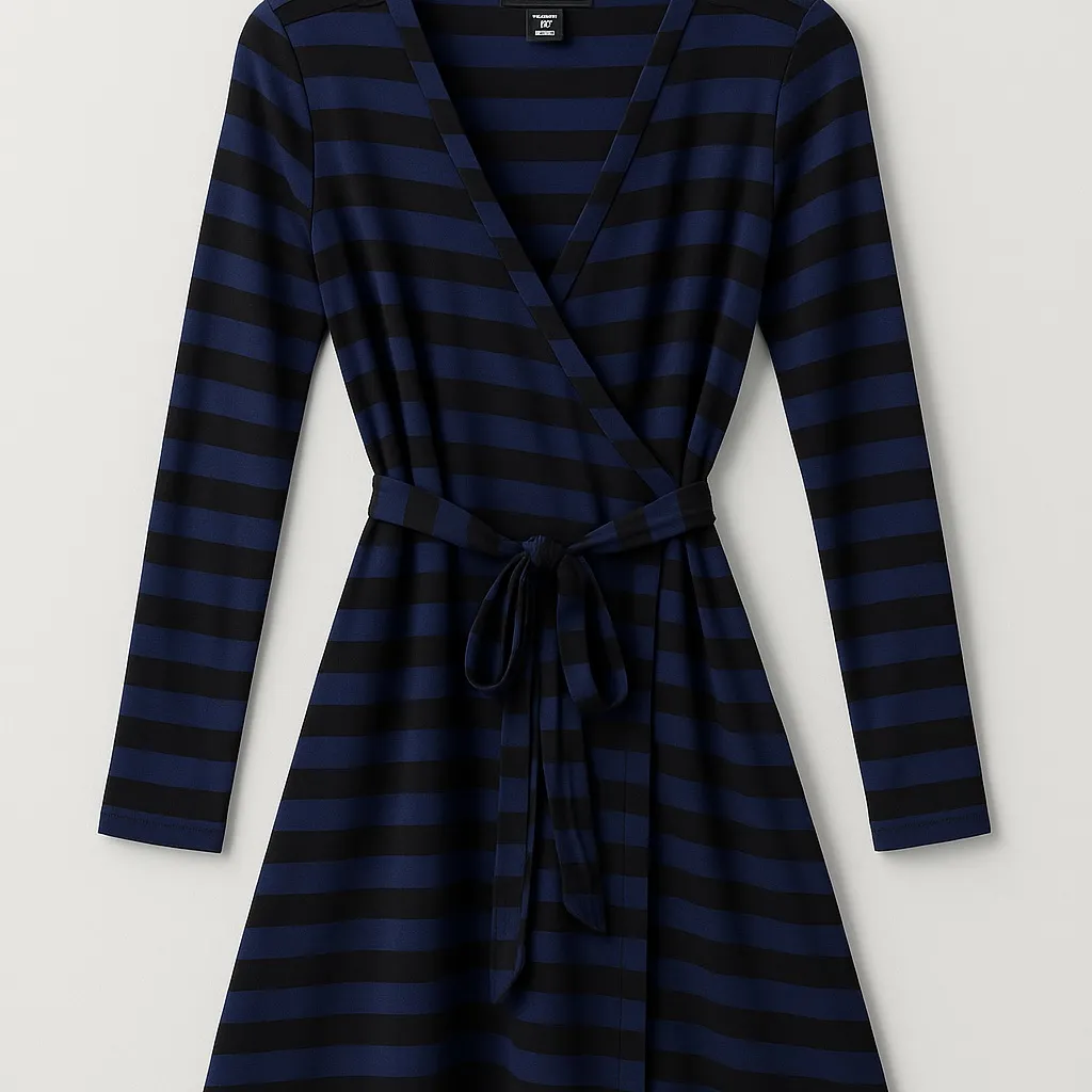 Banana Republic Faux Wrap Dress Navy Black Stripes Work Officecore Brunch Medium - Image 3