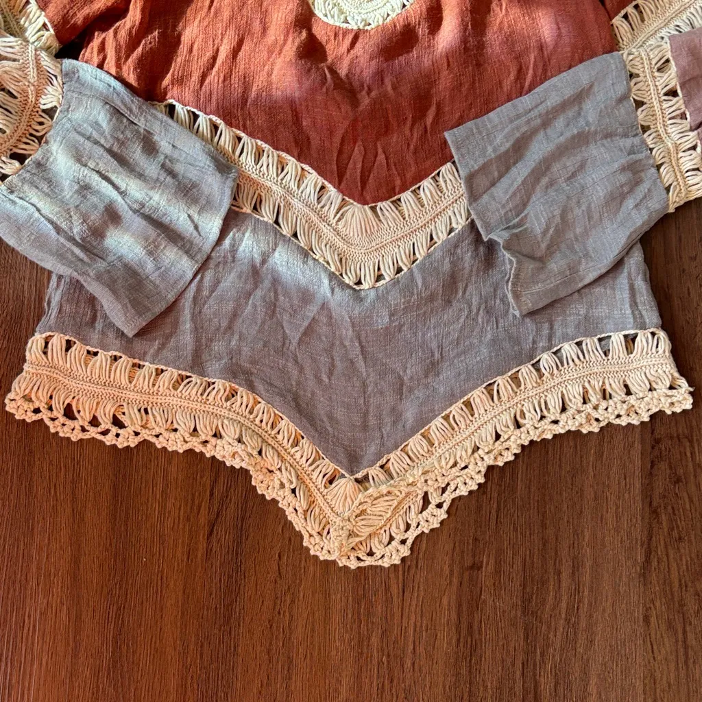 Bohemian Crochet Trim Color block Women’s Top V Neck Festival Concert Brown Size M - Image 4