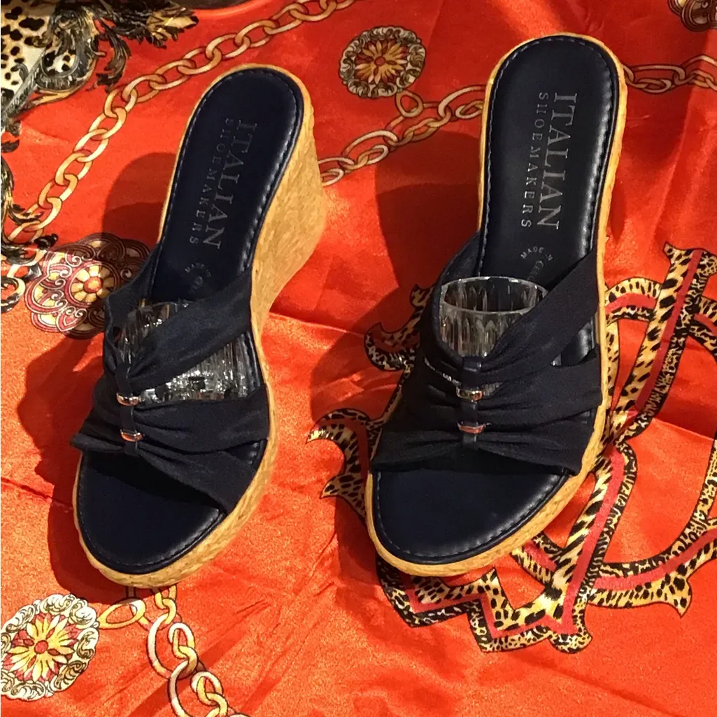 Italian Shoemakers Wedge Open Toe Embellished Sandals Navy Blue Made in Italy 6 - Image 2
