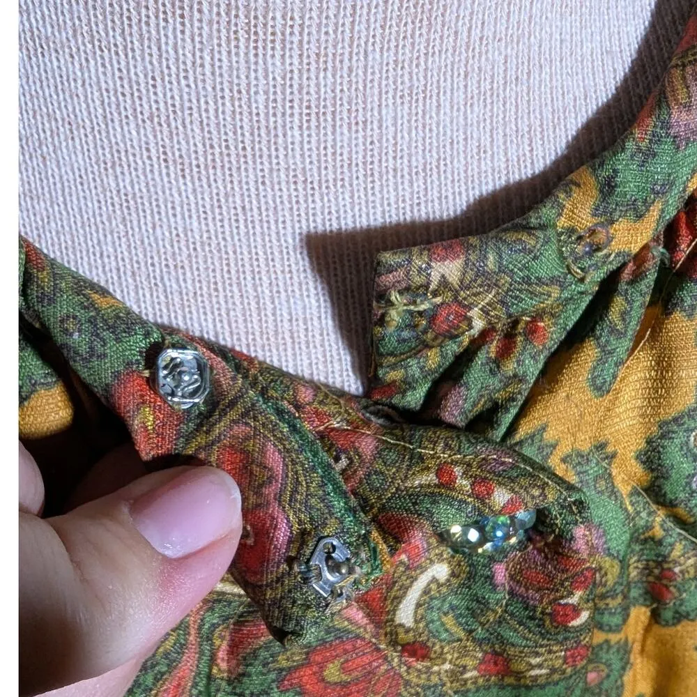 Vtg 1950s Saybury Mustard Yellow Green Paisley Quilted Button Up Overcoat M L Size L - Image 5