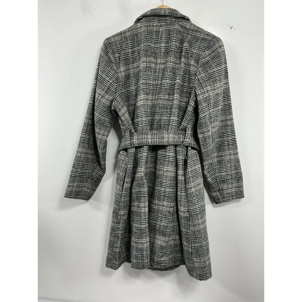 Womans A New Day Knee Length Wrap Coat Medium Brown Black Beige Plaid - Image 2