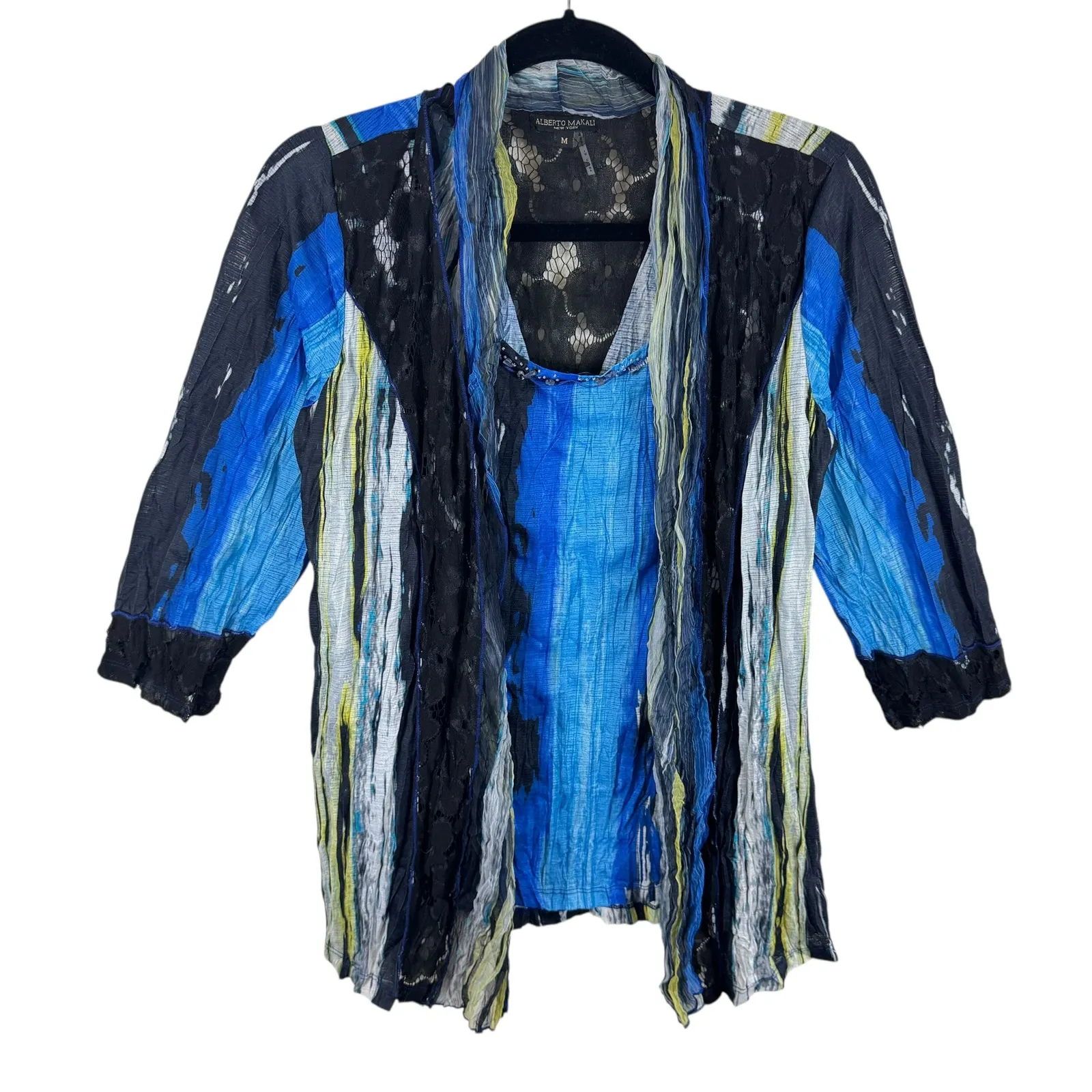 Alberto Makali Blue Black Colorful Beaded 3/4 Sleeve Lightweight Blouse Size M - Image 2