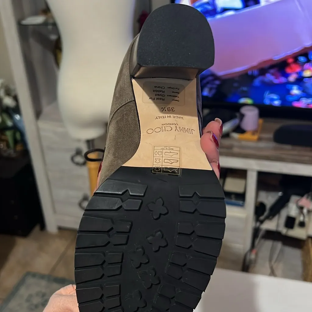 JIMMY CHOO ELBA Pom Pom Genuine Rabbit Fur Ankle Boot Mink Suede size 39.5 - Image 8