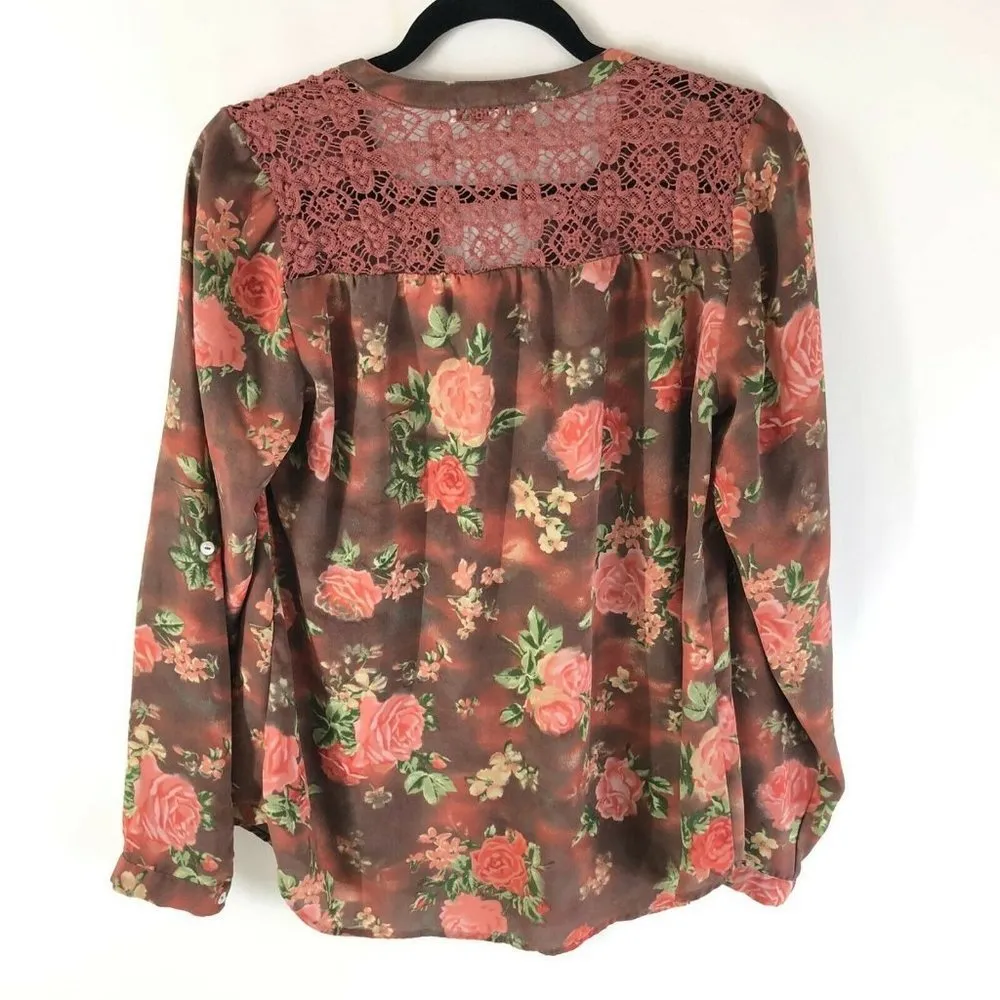 Daniel Rainn Womens Blouse Crochet Sheer Floral Long Sleeve Burgundy Size M - Image 2