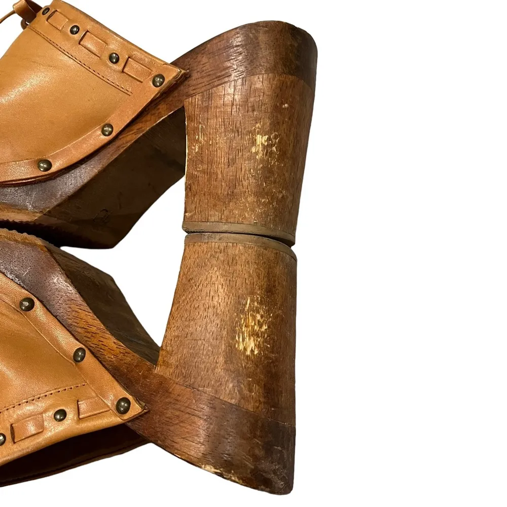 Vintage 90’s American Eagle Outfitters Leather Wooden Platform Clogs, Sz… - Image 14