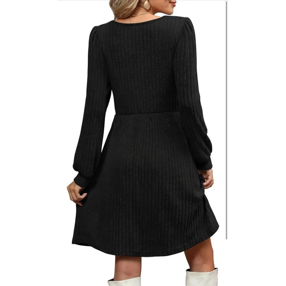 NEW Knit Dress Pockets Square Neck Long Sleeve Knee Length S Blue - Image 2