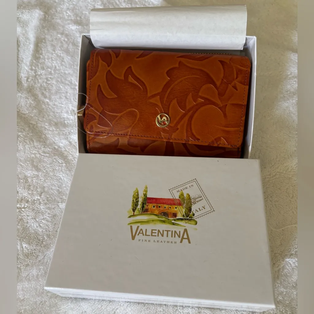 Valentina brown Genuine Leather Floral Leaf Wallet Made In Italy - Image 11