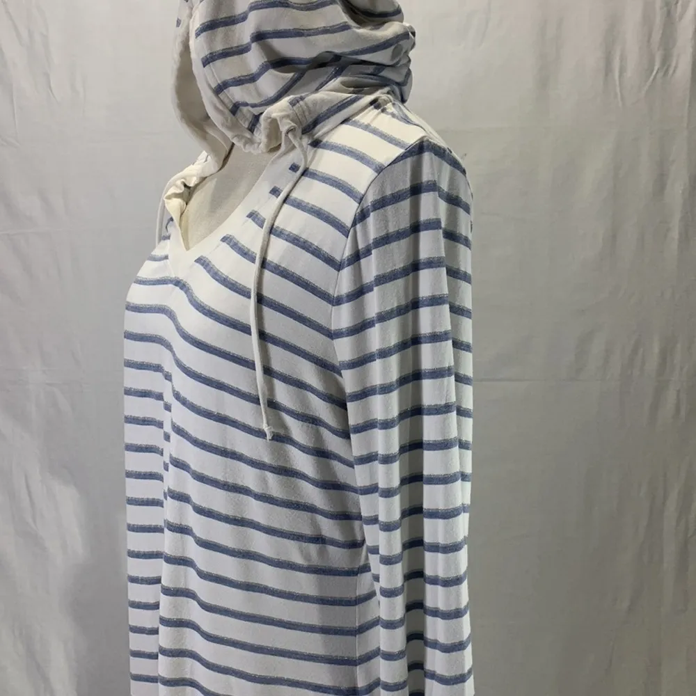 White House Black Market Casual Blue White and Silver Striped Hoodie Siz… - Image 6