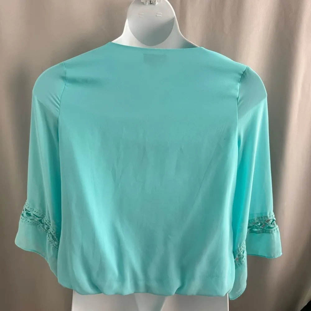 A. Byer Teal Chiffon Blouse with Three-Quarter Crochet Bell Sleeves - Image 5