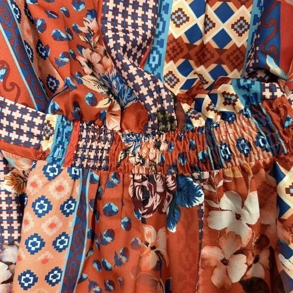 Tolani Collection Long-Sleeve Tunic Blouse with Tie Rust Bohemian Floral Size XS - Image 6