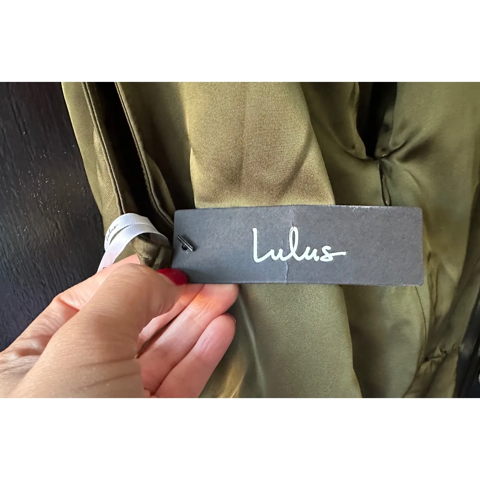 Lulus Satin Mock Neck Sleeveless Mini Dress Olive Green Ruched Waist - Image 7