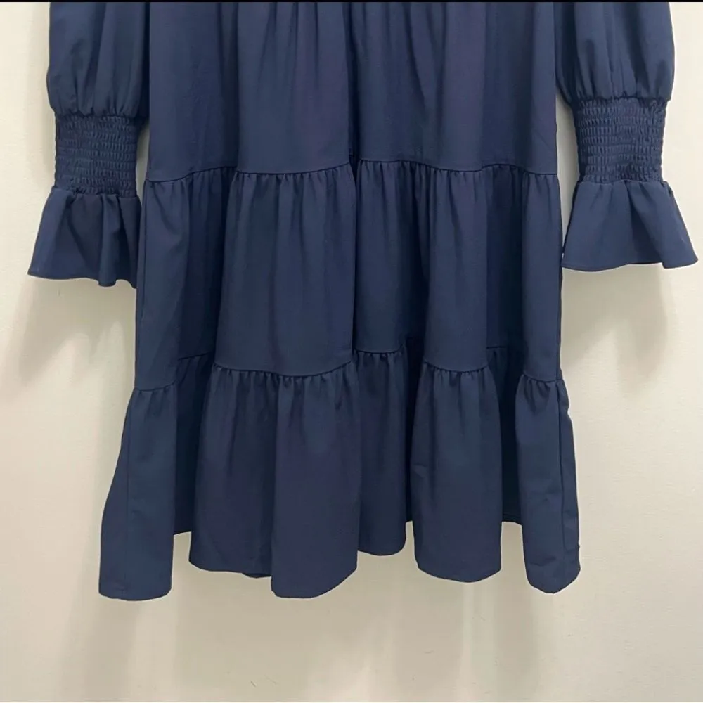 Pomander Place Tuckernuck Kenzo Mini Dress Tiered Crepe Navy Blue Size M - Image 6