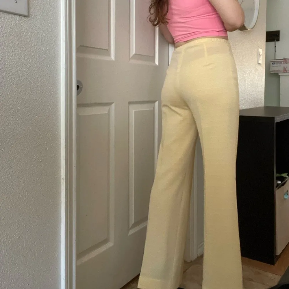 Vintage 70s Polka Dot Textured High Waisted Bell Bottom Pants Sz‎ Small Yellow - Image 4