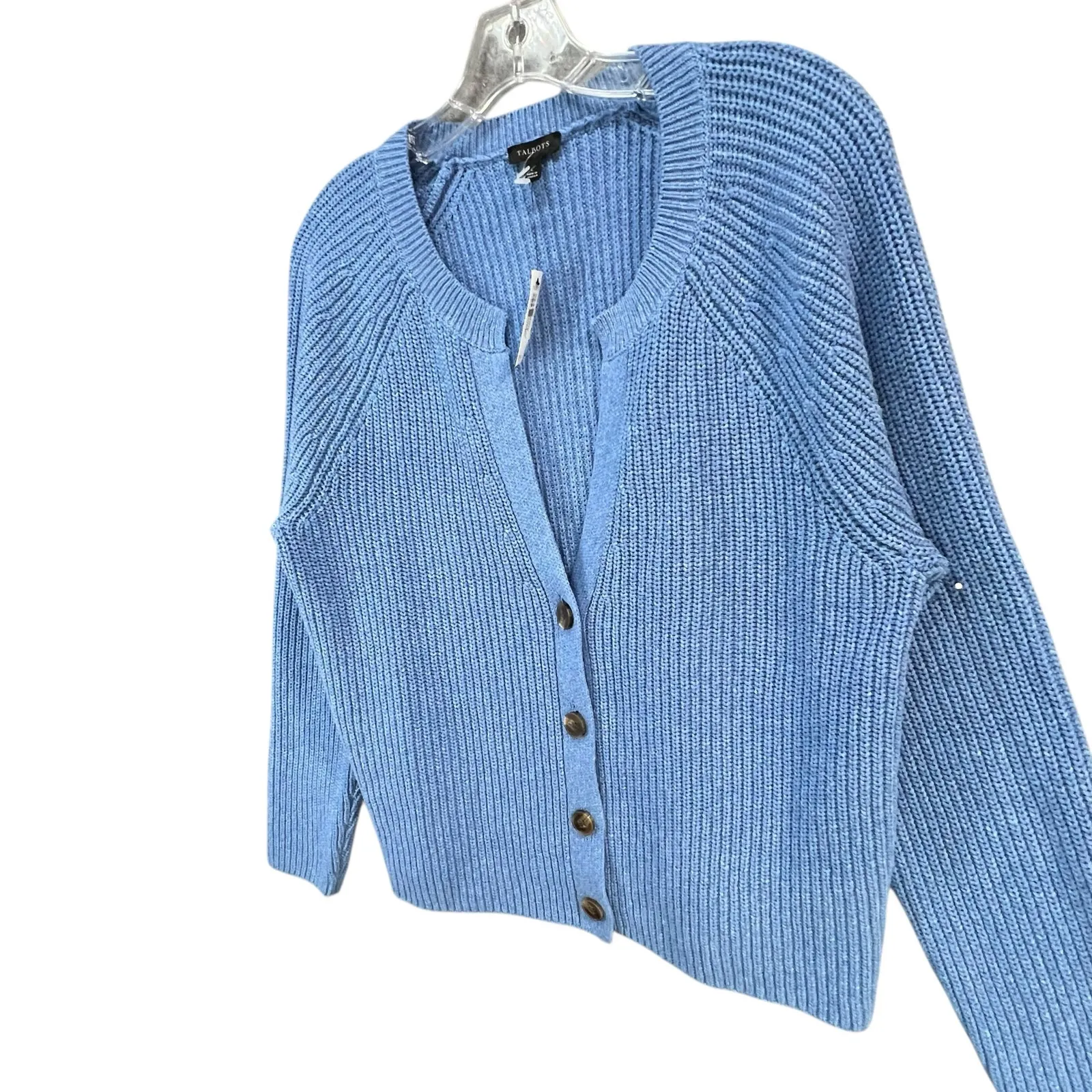 Talbots Shaker Stitch Cardigan Sweater Womens L Blue Cotton V Neck Chunky Cozy - Image 3