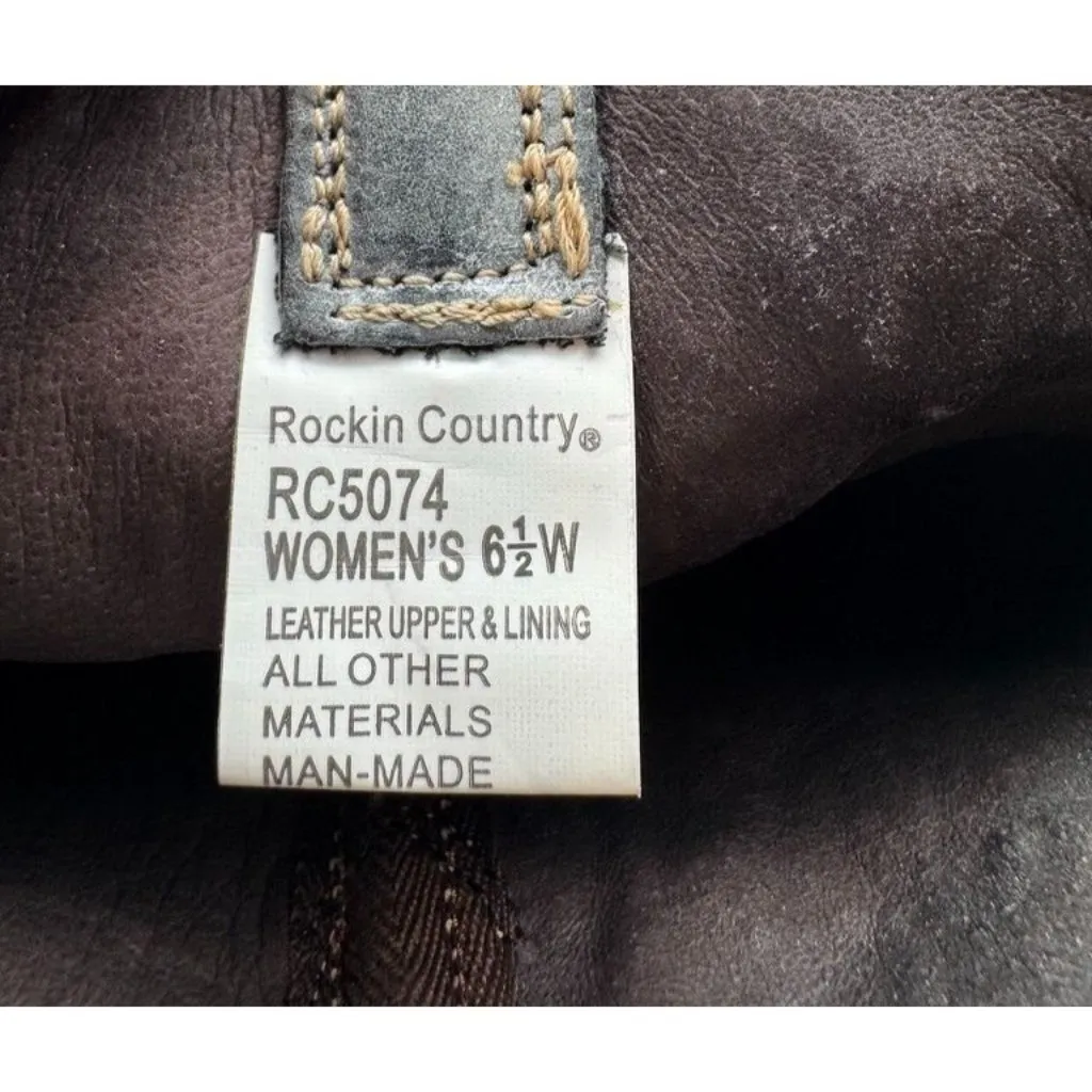 Rockin Country Cowboy Boots Cowgirl Brown Blue Leather Embroidered Women's 6.5 W - Image 6