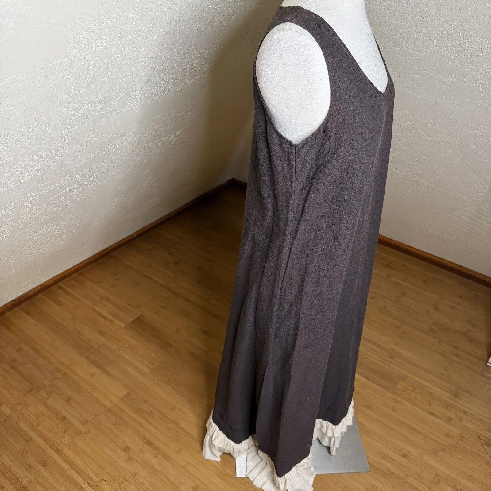 Ragged Thistle Linen Sleeveless Ruffle Hem Dress Brown Womens M Cottagecore Boho Size M - Image 7