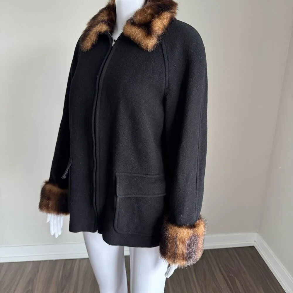 VTG Y2K Cozy Wool Faux Fur Trim Coat Size M Black Size M - Image 3