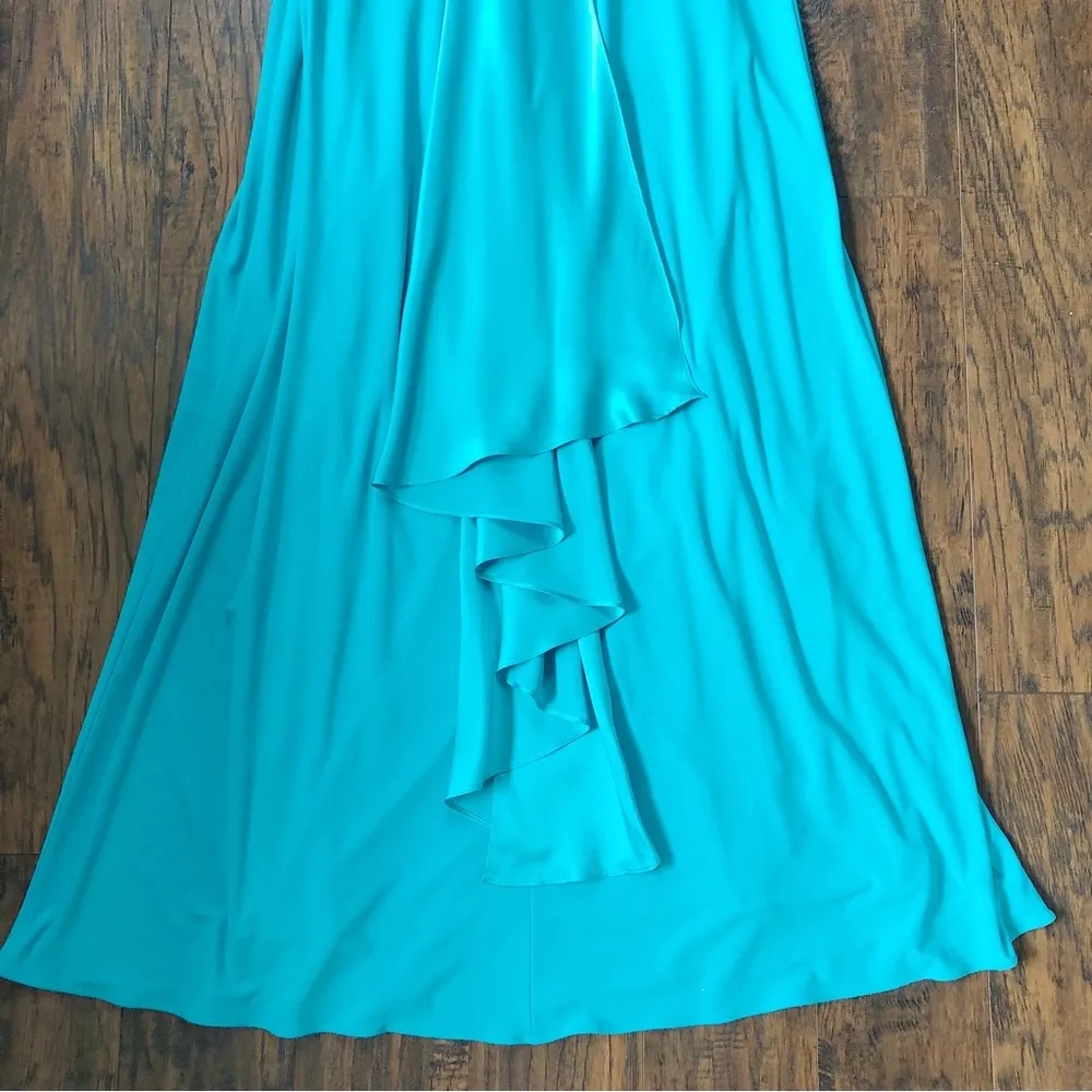 Lillie Rubin • turquoise gown halter formal dress jersey knit silk drape sash Size 4 - Image 11