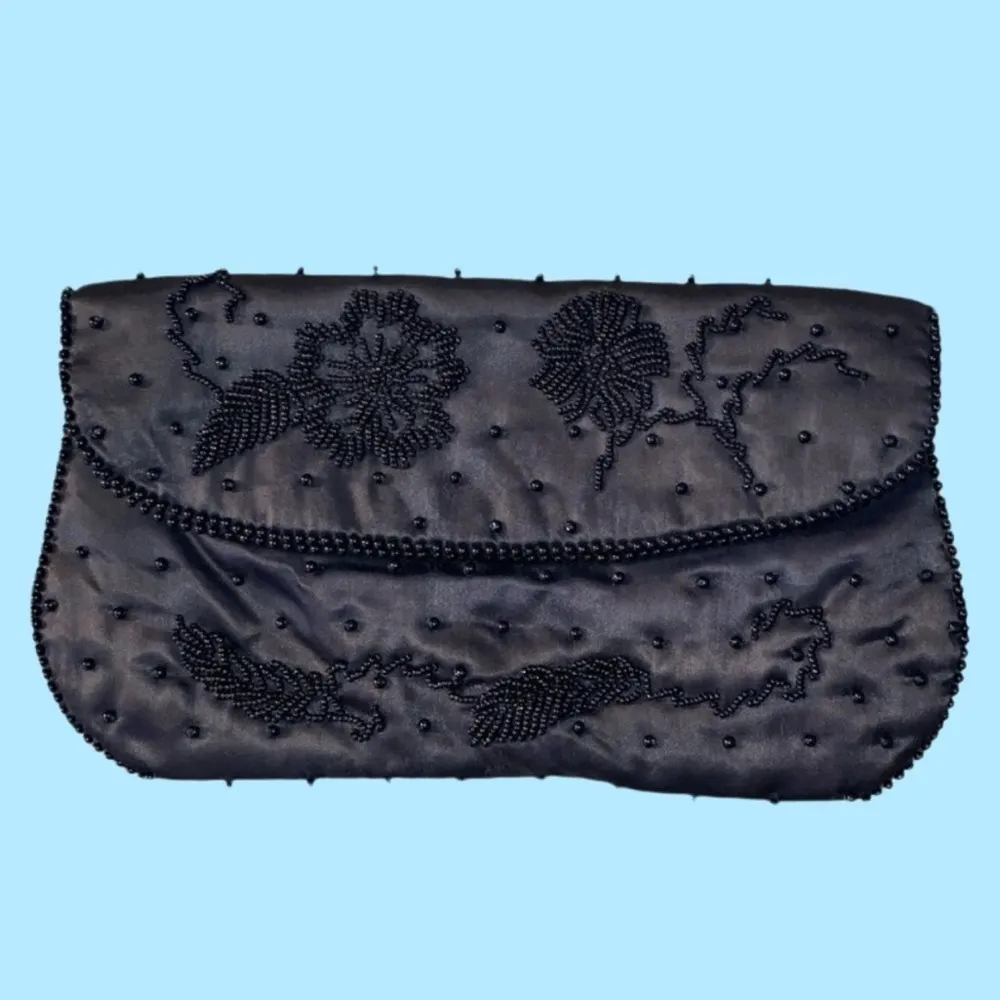 Vintage Black Satin Beaded Evening Bag Foldover Flap EUC - Image 7