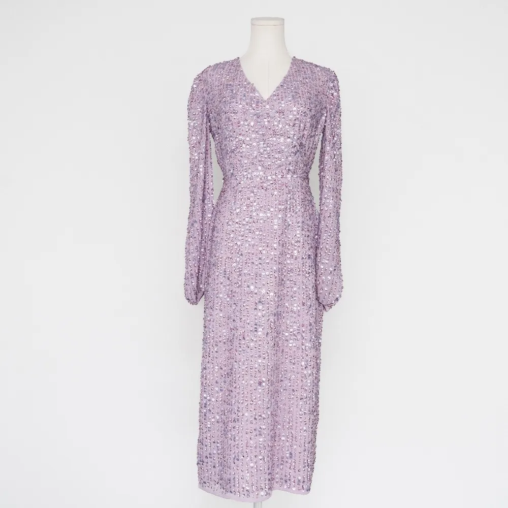 Mac Duggal Purple Sequin Puff Sleeve V Neck Midi Dress - Image 2