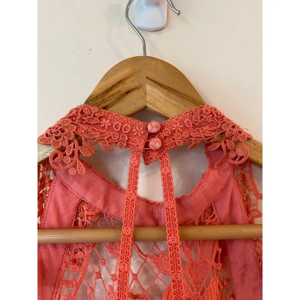 Free People Snowdrop Coral Lace Trapeze Mini Halter Dress Orange Women's Size S - Image 7