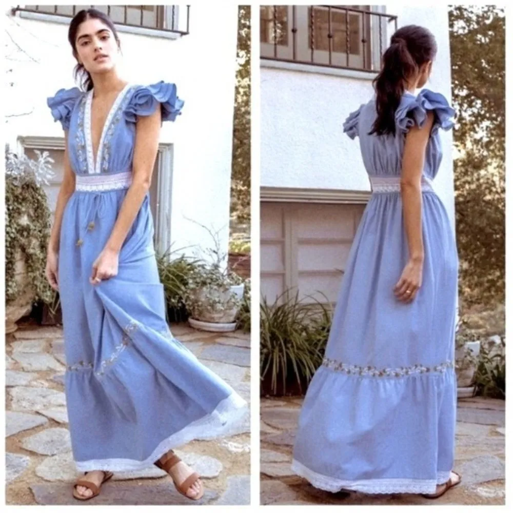 Saylor YUMI Blue Ruffle Sleeve Embroidered Linen Maxi Dress Size XL - Image 2