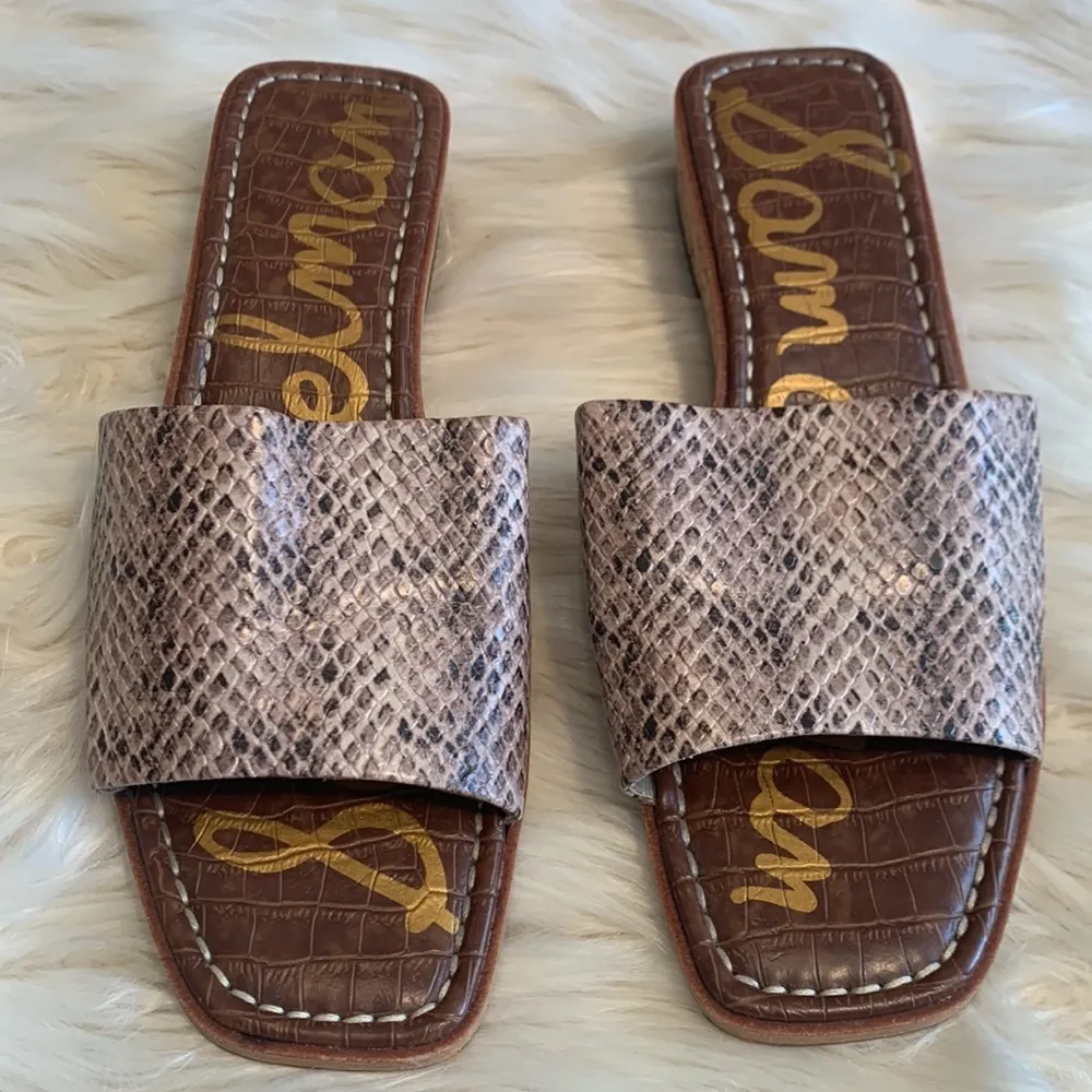 SAM EDELMAN Beige Snakeskin Valery Square Toe Wedge Slip On Slides Sandals 8 M - Image 6